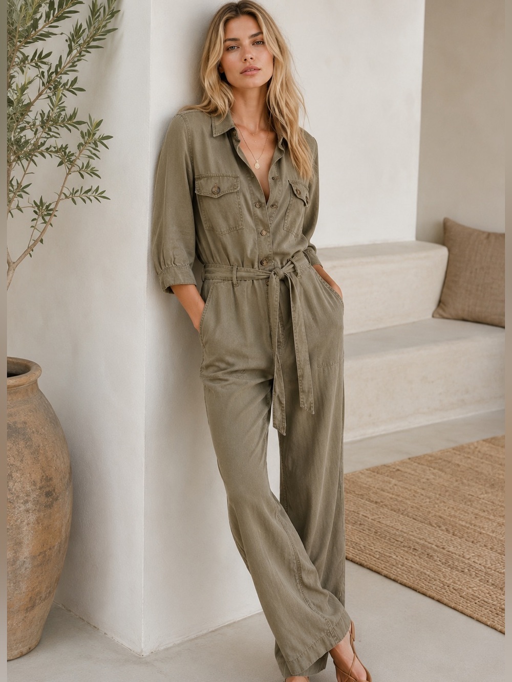 Garcia Khaki Green Lyocell Utility Jumpsuit with Belt Size Small